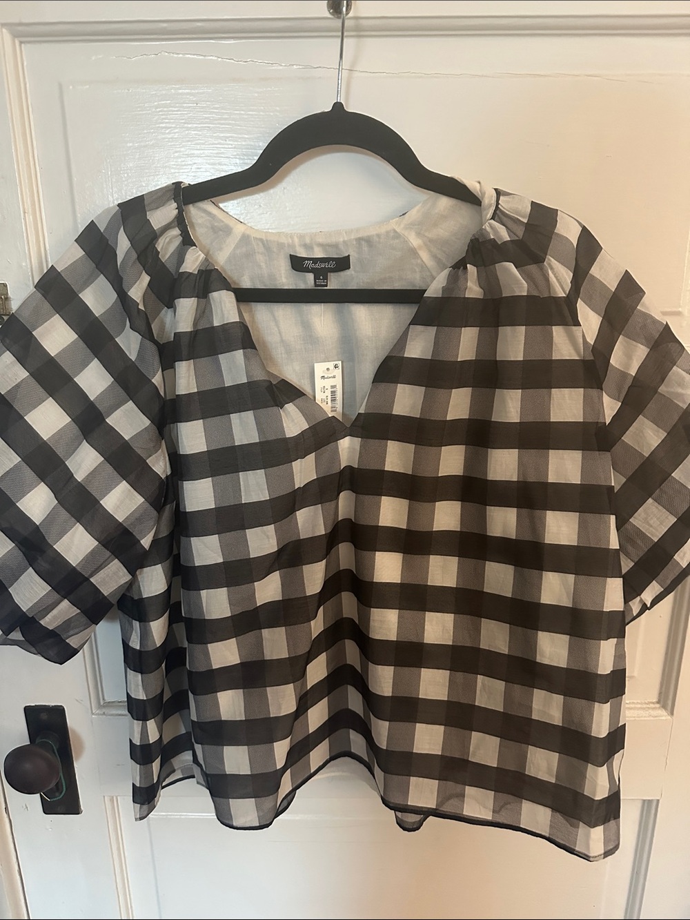 Madewell Black and White Gingham Short-Sleeve Peasant Top
